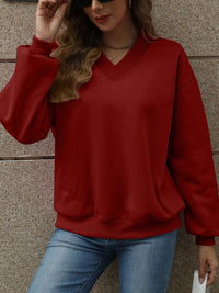 Thumbnail for V-Neck Long Sleeve Dropped Shoulder Sweatshirt