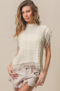 Thumbnail for BiBi Layered Pleat Chiffon Edge Cable Knit Top