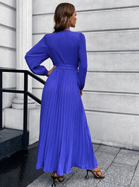 Thumbnail for V-Neck Tie Waist Pleated Maxi Dress