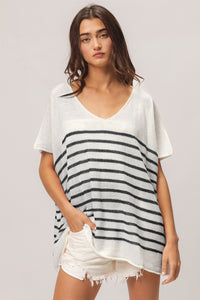 Thumbnail for BiBi V Neck Striped Short Sleeve Top