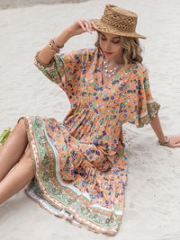 Thumbnail for Printed V-Neck Short Sleeve Maxi Dress