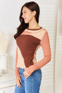 Thumbnail for Double Take Color Block Exposed Seam Long Sleeve Top