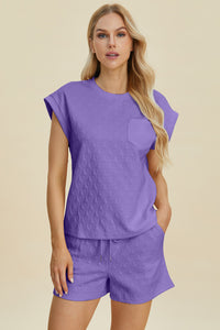 Thumbnail for Double Take Full Size Pocketed Texture Round Neck Top and Shorts Set