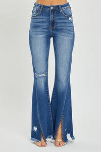 Thumbnail for RISEN Full Size High Rise Front Slit Frayed Hem Flare Jeans