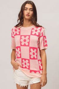 Thumbnail for BiBi Flower Checker Pattern Short Sleeve Sweater