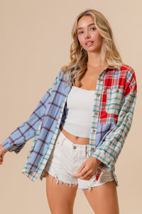 Thumbnail for BiBi Color Block Plaid Button Down Shirt