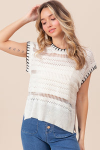 Thumbnail for BiBi Stitch Edge Pointelle Side Slit Sweater Vest