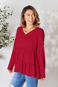 Thumbnail for Double Take Half Button Long Sleeve Ruffle Hem Blouse