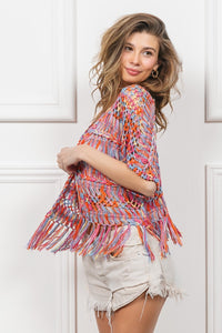 Thumbnail for BiBi Open Front Fringed Crop Knit Cardigan