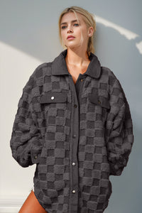 Thumbnail for Double Take Button Up Fuzzy Checkered Shacket