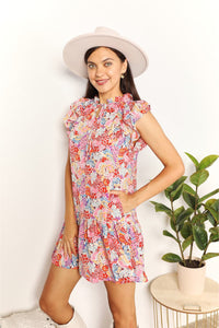 Thumbnail for Double Take Floral Tie Neck Cap Sleeve Dress