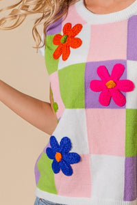 Thumbnail for BiBi Flower Patch Checkered Sweater Vest