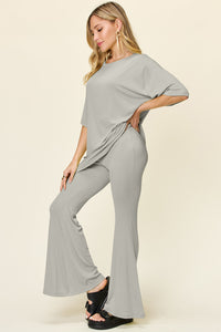 Thumbnail for Double Take Full Size Round Neck Drop Shoulder T-Shirt and Flare Pants Set