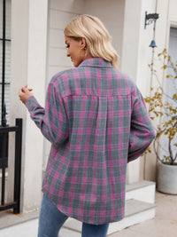 Thumbnail for Mandy Pocketed Plaid Collared Neck Long Sleeve Shirt