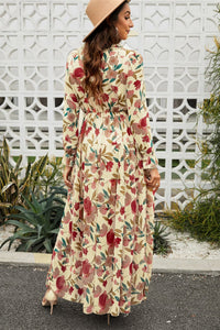 Thumbnail for Floral Frill Trim Flounce Sleeve Plunge Maxi Dress