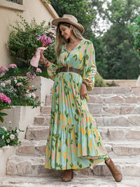 Thumbnail for Printed Tie Neck Long Sleeve Maxi Dress