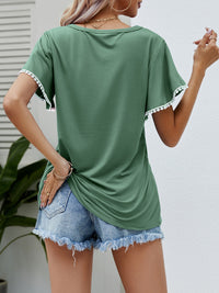 Thumbnail for Pom-Pom Trim Flutter Sleeve Round Neck T-Shirt