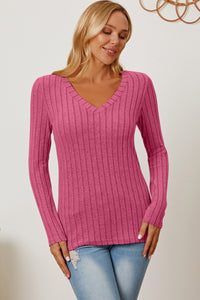 Thumbnail for Basic Bae Full Size Ribbed V-Neck Long Sleeve T-Shirt