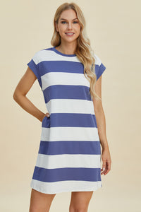 Thumbnail for Basic Bae Full Size Striped Round Neck Cap Sleeve Mini Dress