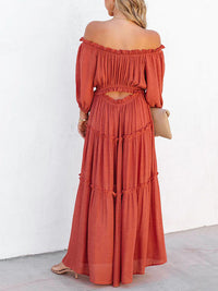 Thumbnail for Ruffle Trim Off Shoulder Long Sleeve Maxi Dress