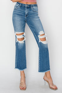 Thumbnail for RISEN Mid Rise Distressed Cropped Flare Jeans