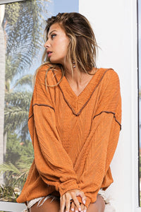 Thumbnail for BiBi Textured Exposed Seam Drop Shoulder Knit Top