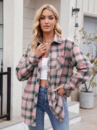 Thumbnail for Mandy Pocketed Plaid Collared Neck Long Sleeve Shirt