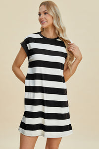 Thumbnail for Basic Bae Full Size Striped Round Neck Cap Sleeve Mini Dress