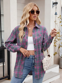 Thumbnail for Mandy Pocketed Plaid Collared Neck Long Sleeve Shirt