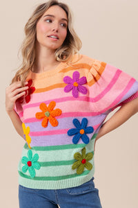 Thumbnail for BiBi Flower Patch Puff Sleeve Striped Sweater