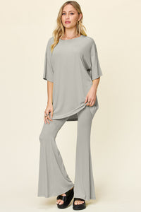 Thumbnail for Double Take Full Size Round Neck Drop Shoulder T-Shirt and Flare Pants Set