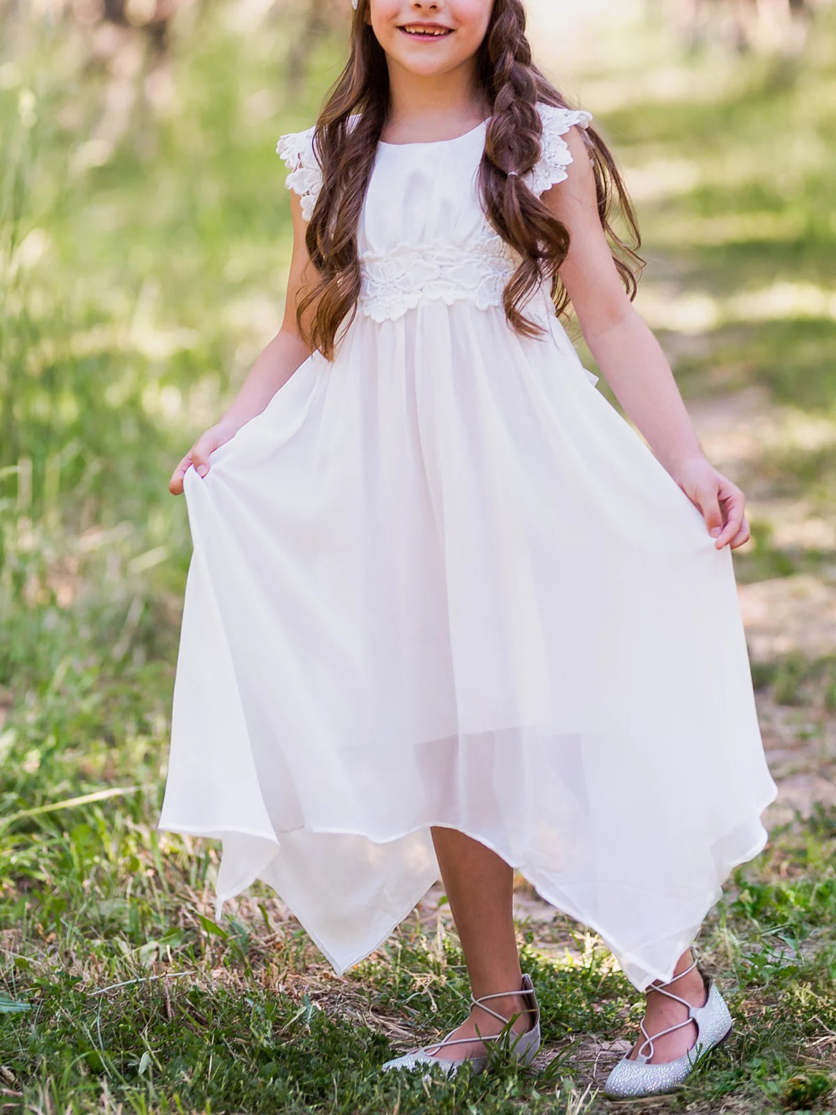 Girl Dresses Summer Dress Lace Flower Sleeveless Casual A-Line Asymmetrical Flowy Maxi Dress Boho Dresses Flower Girl Dress Wedding Party for Toddler Child 1-7 Years, White, 3-4Y