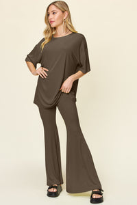 Thumbnail for Double Take Full Size Round Neck Drop Shoulder T-Shirt and Flare Pants Set