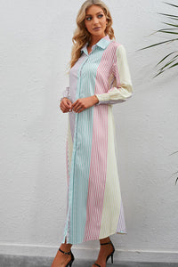 Thumbnail for Rainbow Stripe Button-Up Maxi Shirt Dress