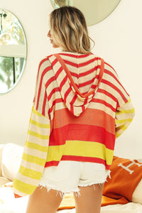 Thumbnail for BiBi Striped Color Block Hooded Knit Top