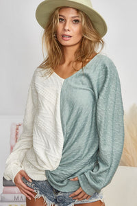 Thumbnail for BiBi Twist Front Contrast Cable Knit Top