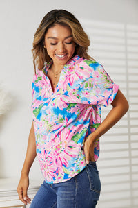 Thumbnail for Double Take Floral Notched Neck Short Sleeve Top