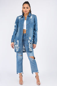 Thumbnail for American Bazi Distressed Button Down Denim Shirt Jacket