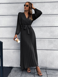 Thumbnail for V-Neck Tie Waist Pleated Maxi Dress