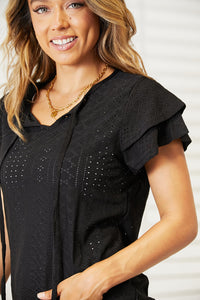 Thumbnail for Mandy Eyelet Tie-Neck Flutter Sleeve Blouse