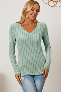 Thumbnail for Basic Bae Full Size Ribbed V-Neck Long Sleeve T-Shirt