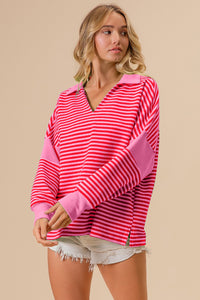 Thumbnail for BiBi Striped Contrast Long Sleeve Knit Top