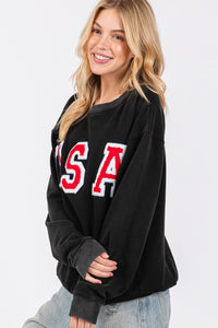 Thumbnail for SAGE + FIG USA Letter Patch Round Neck Sweatshirt