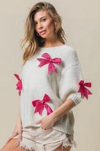 Thumbnail for BiBi Sequin Bow Puff Sleeve Sweater