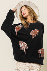 Thumbnail for BiBi Sequin Fringe Football Patch Round Neck Sweatshirt