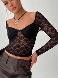 Thumbnail for Lace Sweetheart Neck Long Sleeve T-Shirt