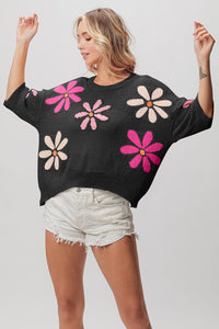 Thumbnail for BiBi Floral Pattern Cropped Sweater