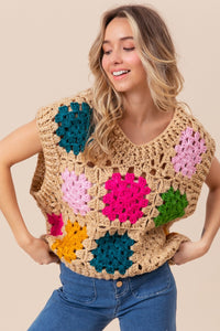 Thumbnail for BiBi Granny Square Openwork Sweater Vest