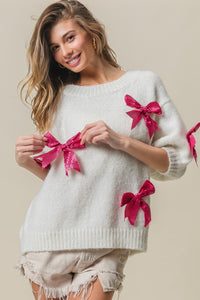 Thumbnail for BiBi Sequin Bow Puff Sleeve Sweater