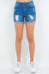 Thumbnail for American Bazi High Waist Distressed Frayed Denim Shorts